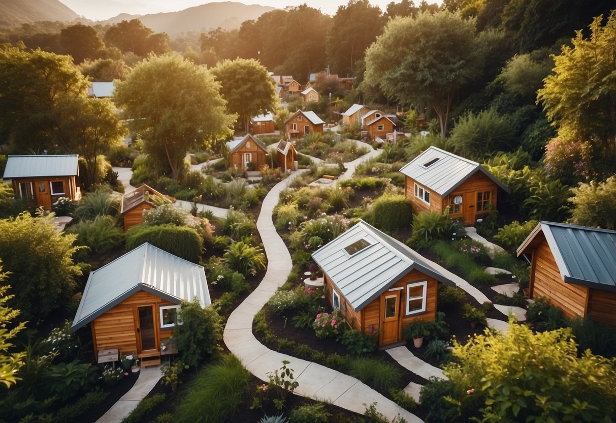 A cluster of tiny homes nestled among lush greenery in a cozy community setting, with a central communal area and winding pathways