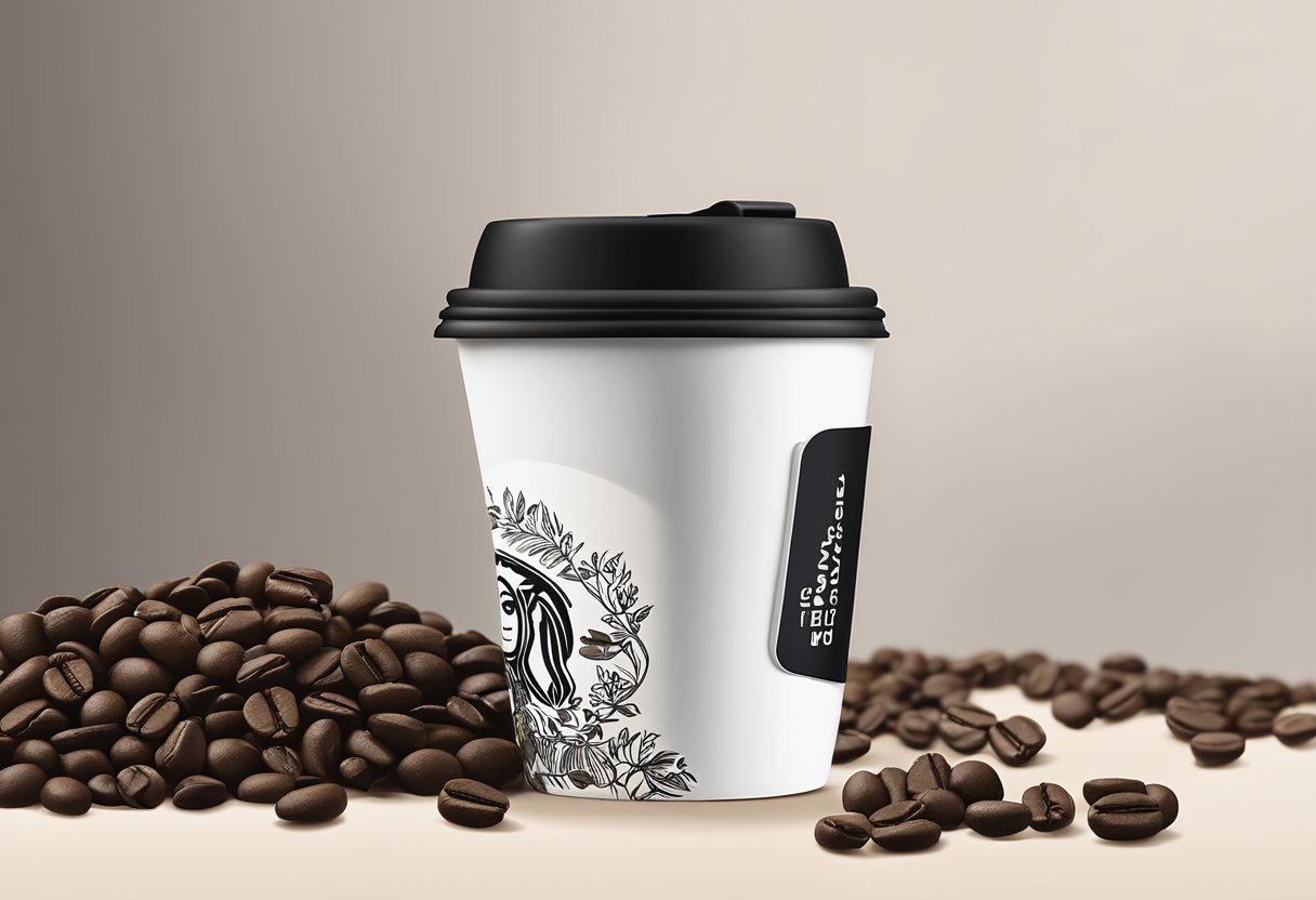 A branded keep cup sits on a desk, surrounded by coffee beans and a corporate gift card