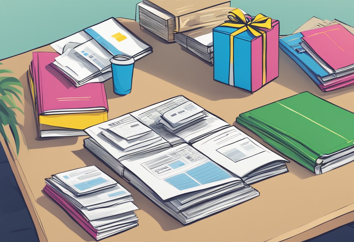 A table covered in branded merchandise, with a stack of pamphlets and a sign reading "Frequently Asked Questions corporate annual gifts"