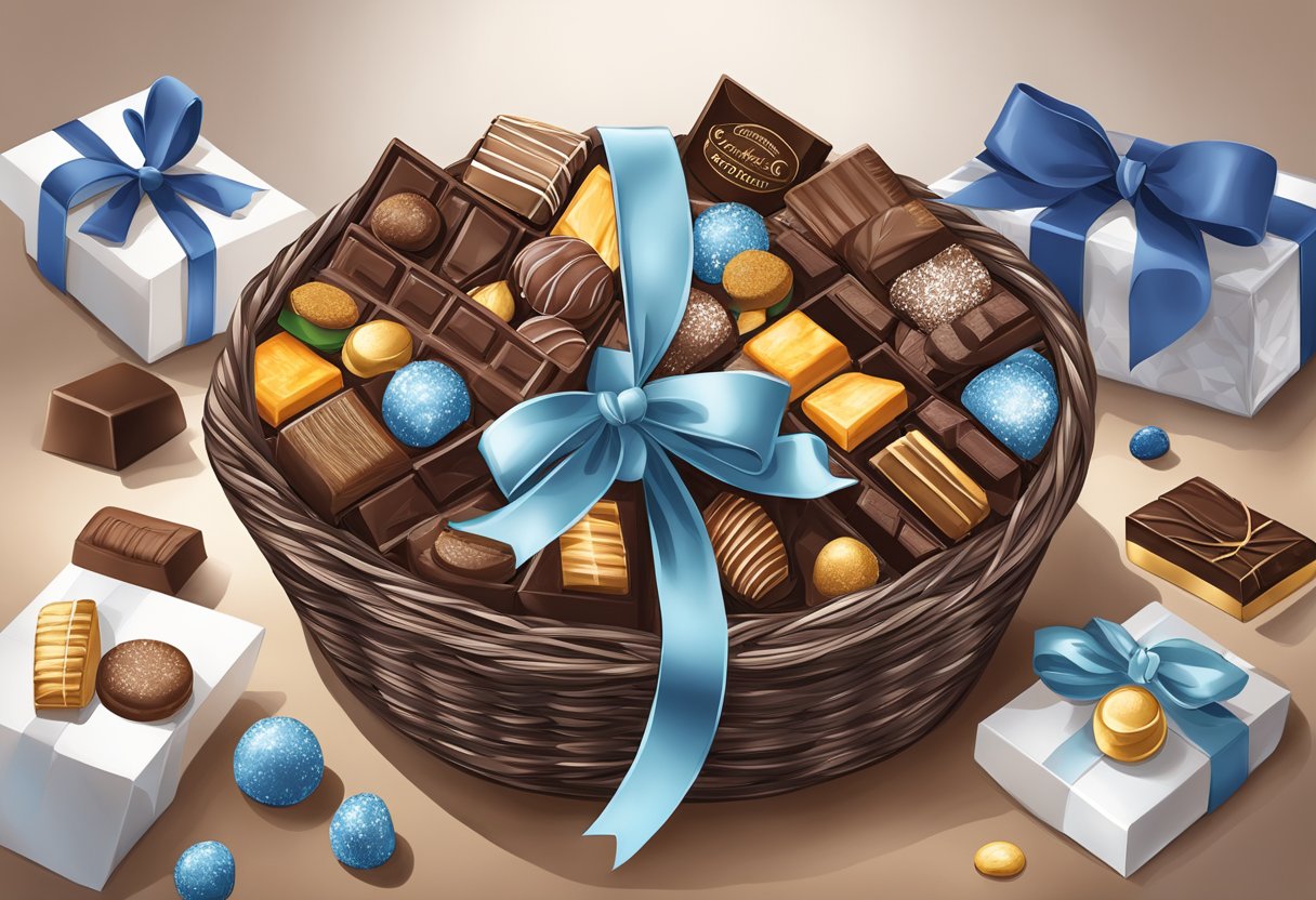 A hand reaches for a luxurious corporate chocolate gift basket, filled with assorted gourmet chocolates and elegantly packaged for a professional presentation