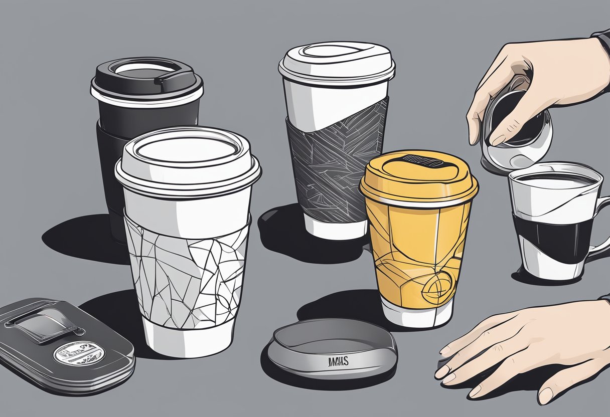 A hand reaches for a sleek, branded coffee keep cup from a display of various designs, with a logo prominently displayed for corporate gifting
