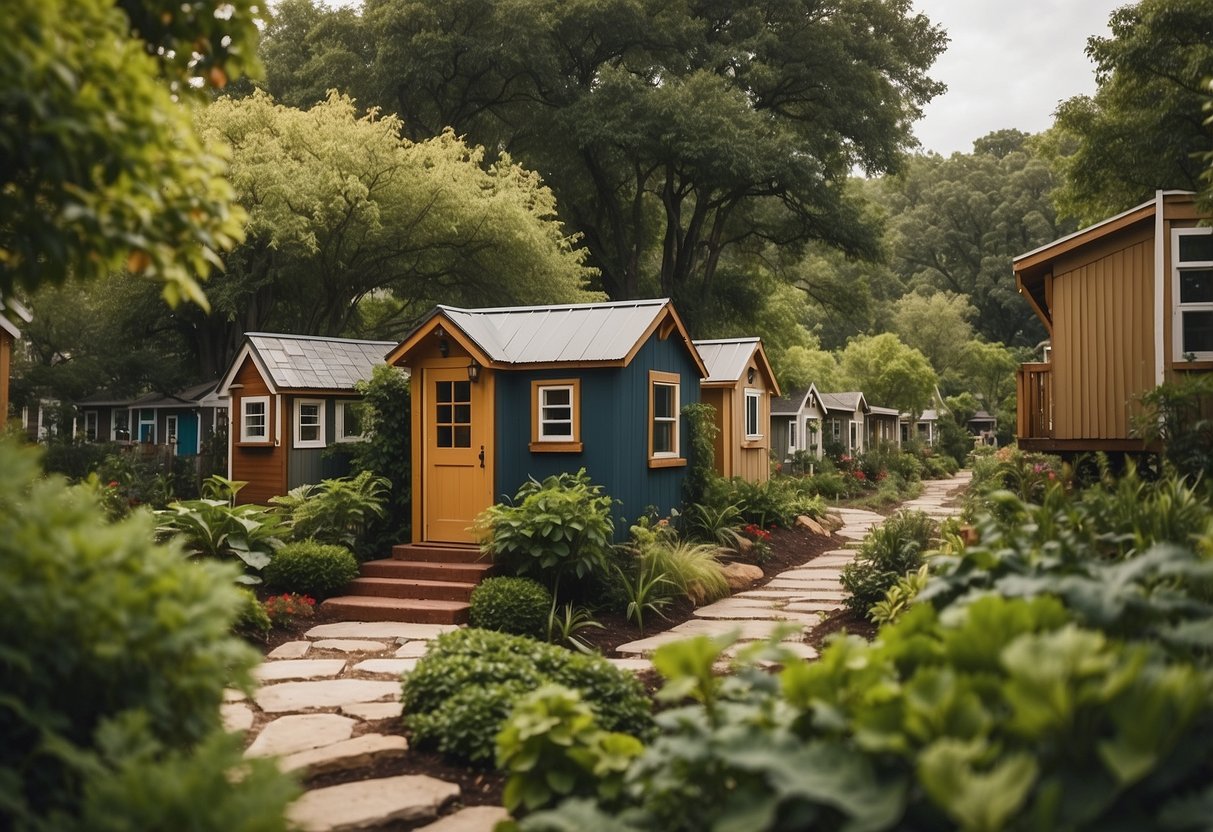 A cluster of tiny homes nestled among lush greenery, with community spaces and walking paths weaving through the neighborhood