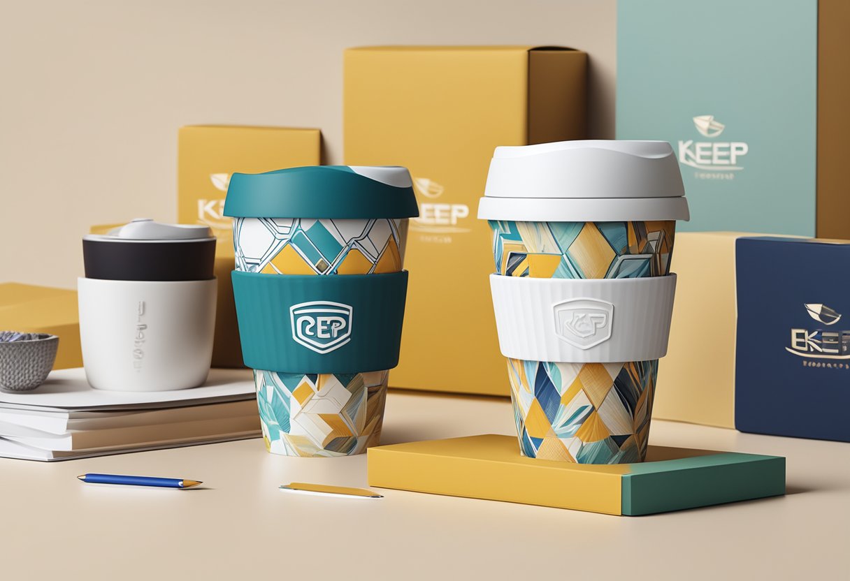 A branded keep cup sits on a desk, surrounded by corporate gift boxes and promotional materials