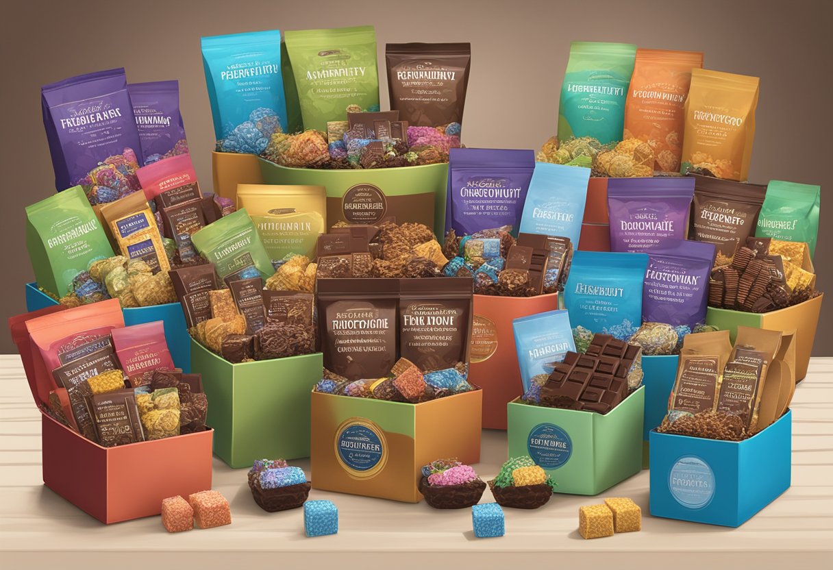 A table displays assorted chocolate gift baskets with a sign reading "Frequently Asked Questions corporate chocolate gift baskets"
