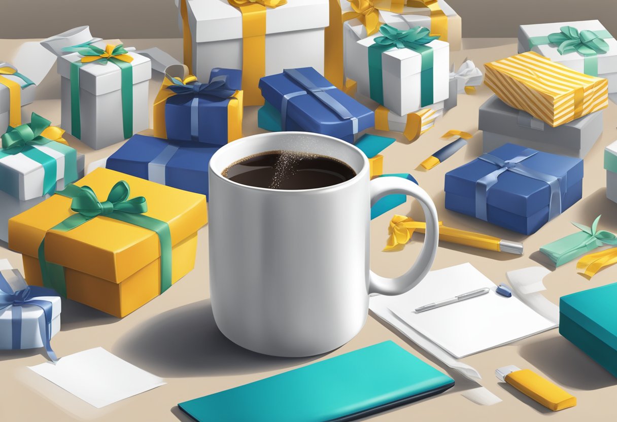 A spill-proof mug surrounded by corporate gifts