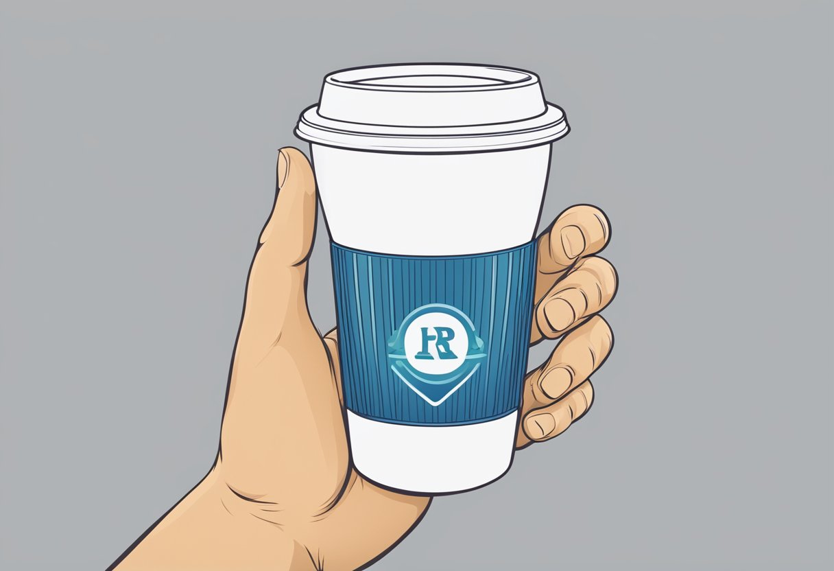 A hand reaching for a spill-proof mug, with a company logo on it, surrounded by customization options like color and design choices