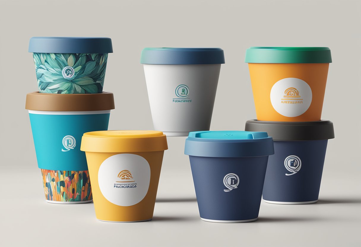 A stack of branded keep cups with "Frequently Asked Questions" printed on them, arranged as corporate gifts