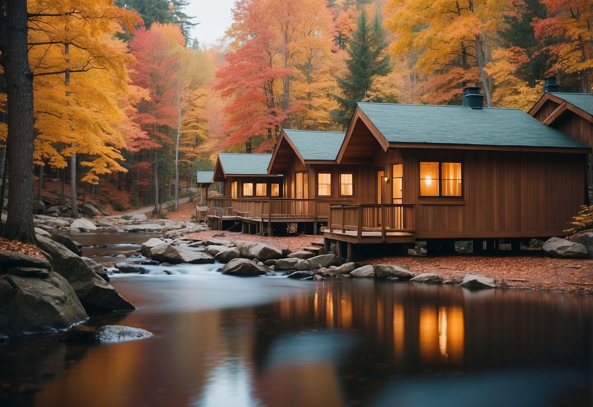 A cluster of cozy cabins nestled among vibrant fall foliage in a northeastern forest