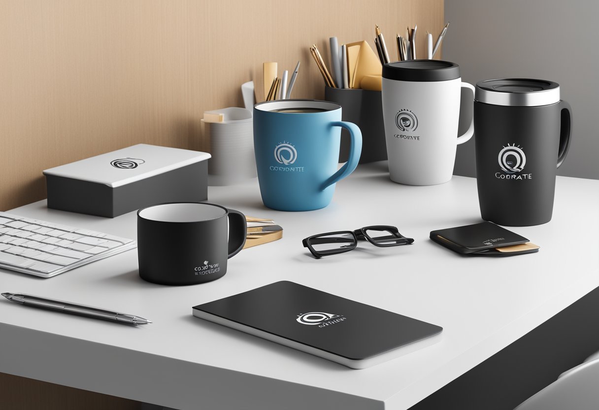 An anti-spill mug sits on a sleek desk, surrounded by elegant corporate gifts. The mug is emblazoned with the Corporate Gifting Solutions logo