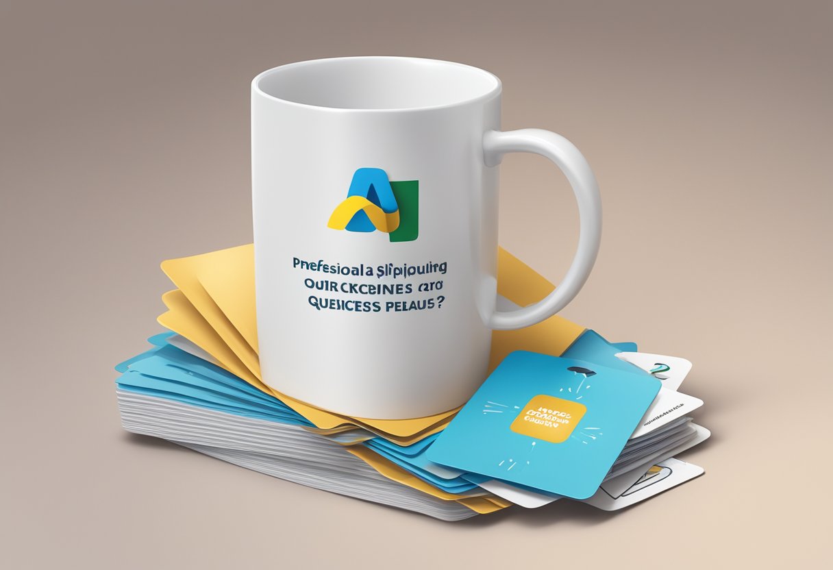 A branded anti-spill mug surrounded by a stack of frequently asked questions cards, with a corporate gift ribbon tied around the mug