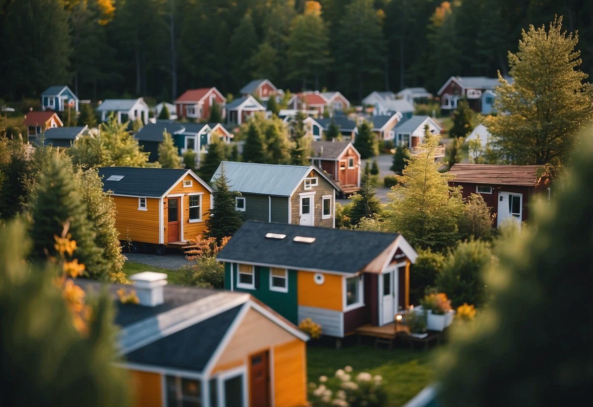 Aerial view of colorful tiny homes nestled among trees in a quaint community in the Northeast