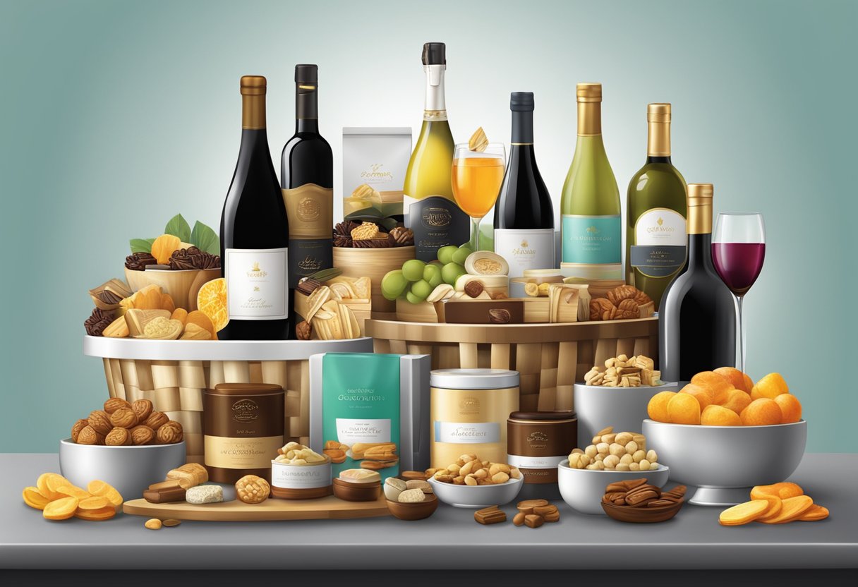 A table displays a variety of elegant corporate gift baskets, filled with gourmet snacks, fine wines, and luxury items like spa products and tech gadgets