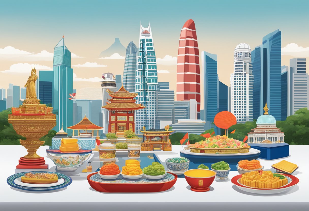 A table adorned with custom corporate gifts, featuring traditional Singaporean motifs and colors, set against a backdrop of iconic Singapore landmarks