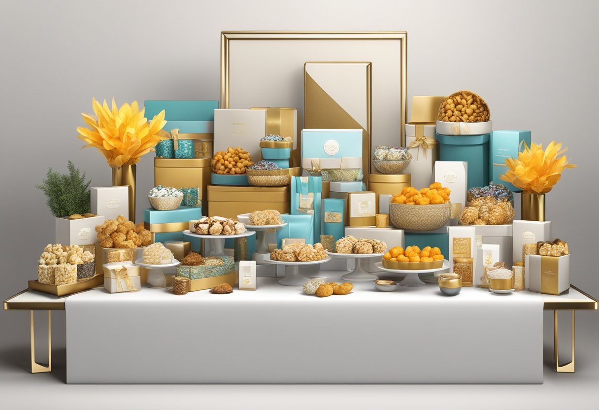 A table displays an array of elegant gift baskets with branded items, gourmet treats, and luxurious packaging