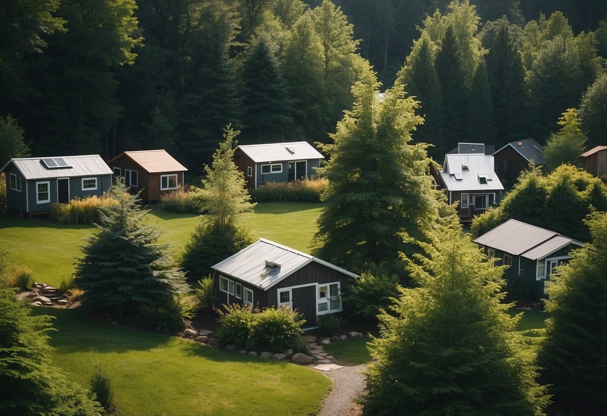 A cluster of tiny homes nestled among lush green trees in a serene northeast community