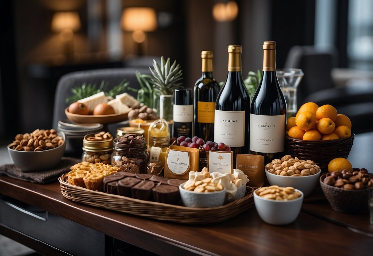 A table adorned with elegant gift baskets filled with gourmet treats and luxury items, branded with the company's logo and colors