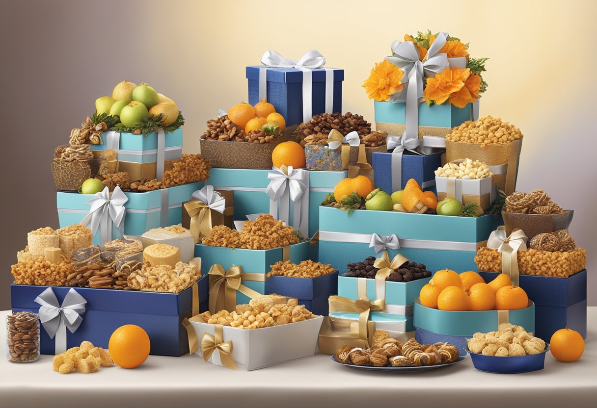 A table displays an array of elegant corporate gift baskets. Each basket is filled with gourmet treats and luxurious items, adorned with sophisticated ribbons and bows