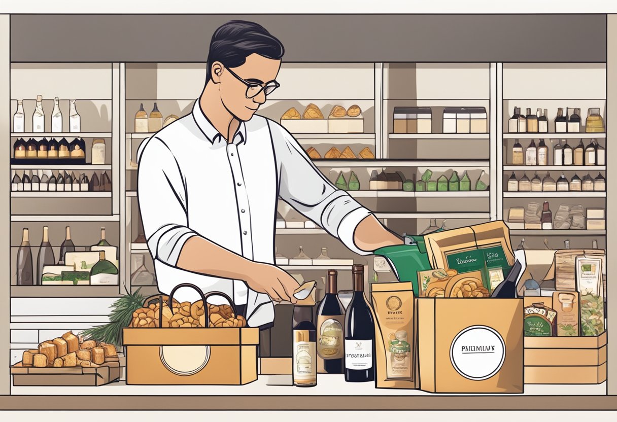 A person carefully choosing items for a corporate gift basket, including gourmet snacks, premium wine, and elegant packaging
