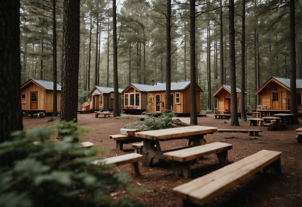 A cluster of tiny homes nestled among tall trees in a serene, wooded area in the northeast. A central gathering space with benches and a fire pit encourages community interaction