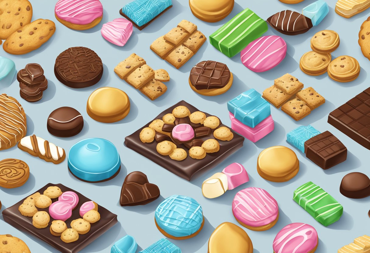 A table displays assorted cookies and chocolates for corporate gifts