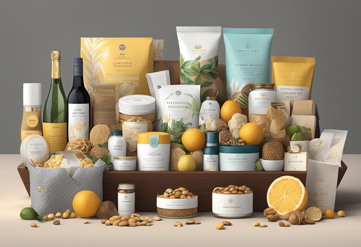 A table adorned with elegant, curated gift baskets featuring premium and practical items. Each basket is neatly arranged with a variety of high-quality products, ready to be presented as corporate gifts