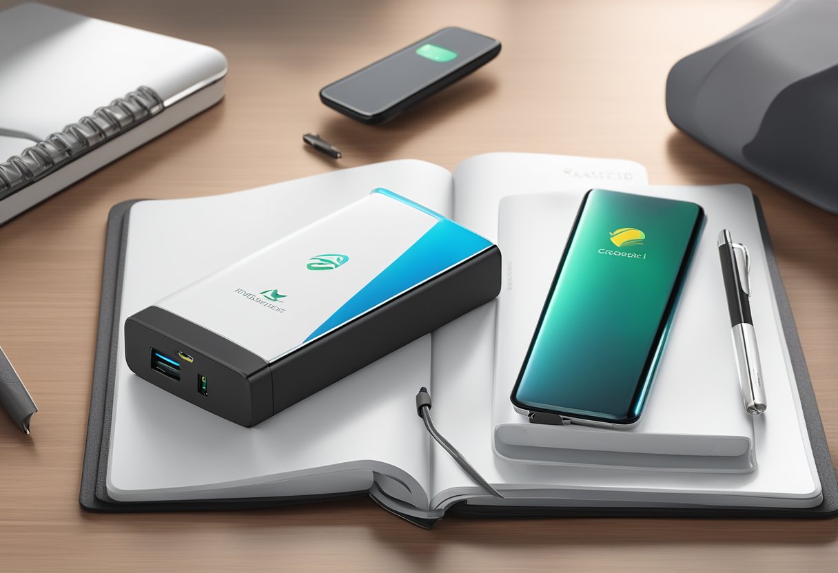 A sleek power bank with the company logo is placed on a desk next to a branded notebook and pen. The soft lighting highlights the elegant packaging