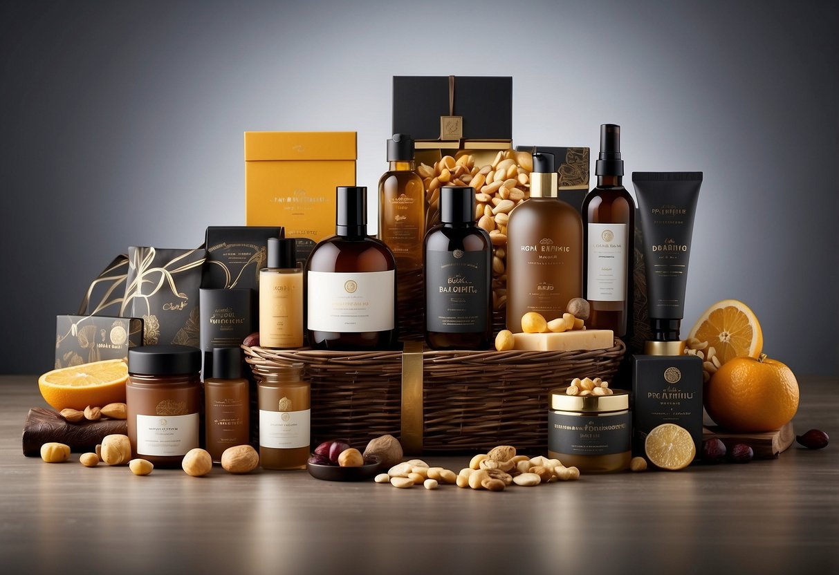 A beautifully arranged display of corporate gift baskets, each filled with high-end products and elegantly wrapped, showcasing the exclusive 2024 promotions