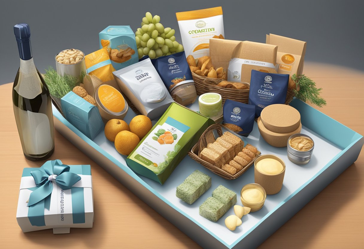 A table displays a well-organized array of high-quality products, neatly arranged in a corporate gift basket. A delivery person stands ready to transport the basket to a client