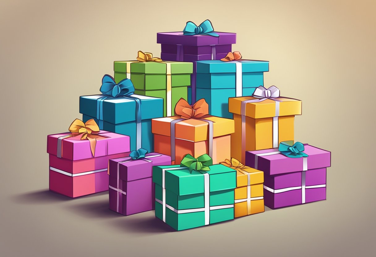 A stack of colorful gift boxes with the words "Frequently Asked Questions" printed on them, placed neatly on a table