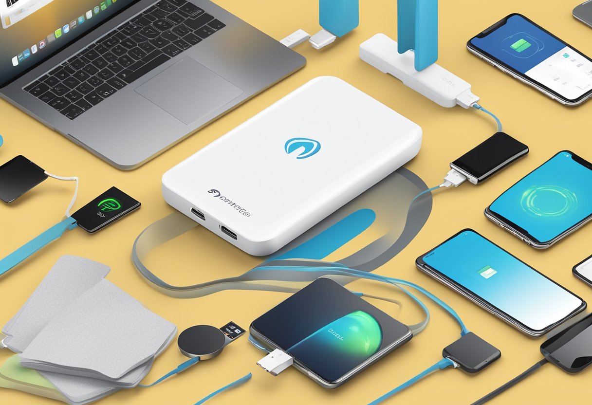 A hand reaches for a sleek powerbank with a company logo, surrounded by other branded options on a table