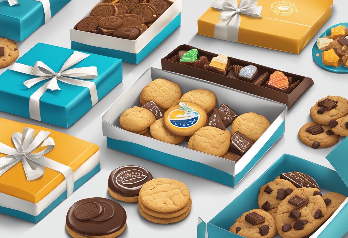 A table displays a variety of cookies, chocolates, and gift boxes branded with corporate logos, ready to be presented as professional gifts