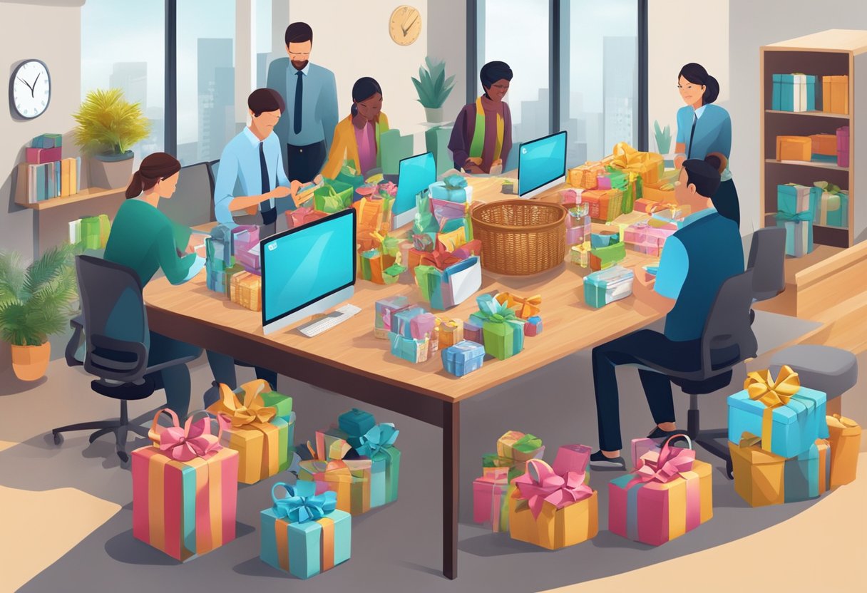 A table with various gift baskets, branded with company logos, surrounded by curious office workers