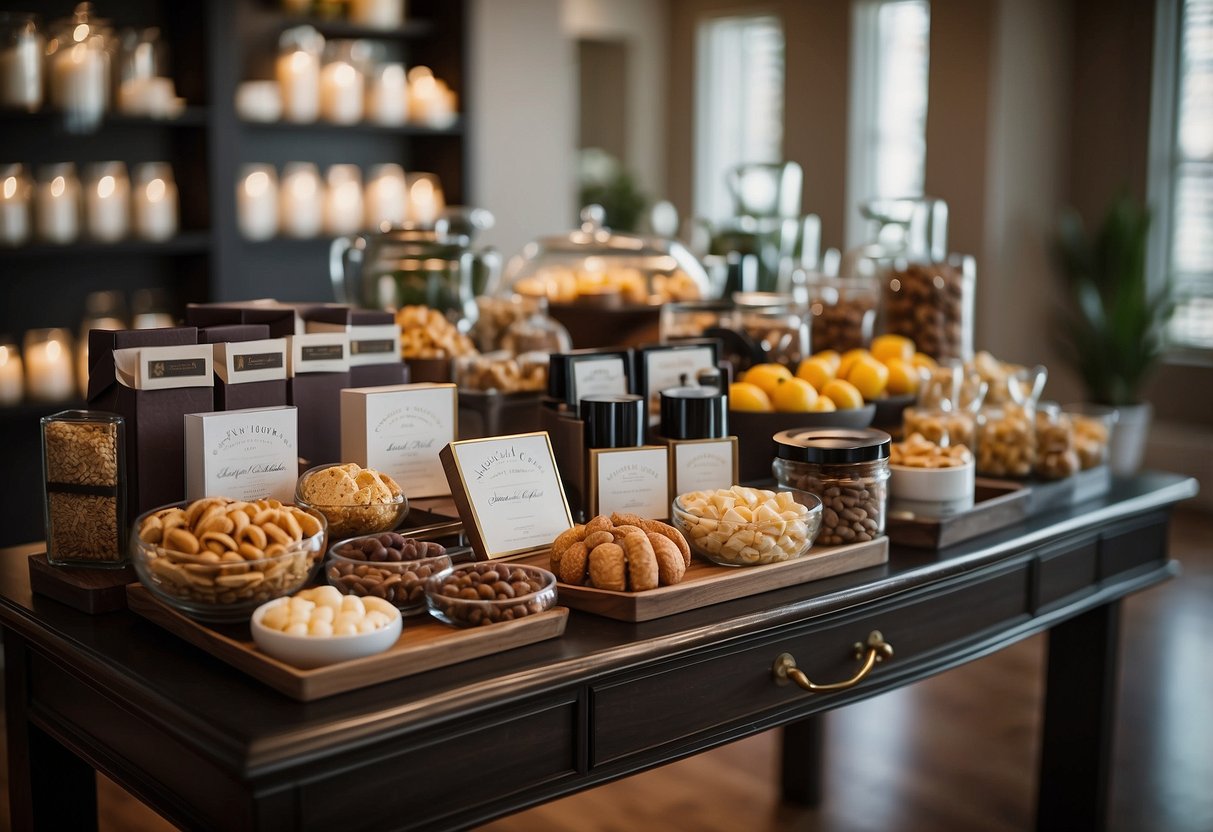 A table adorned with an array of elegant corporate gift baskets, neatly arranged with ribbons and personalized labels. Surrounding the table are shelves stocked with various gourmet treats and luxurious items