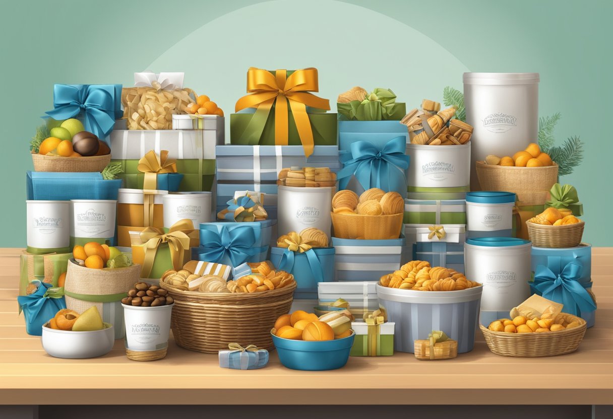 A table filled with assorted corporate gift baskets, neatly arranged with labels and ribbons, ready for client presentation