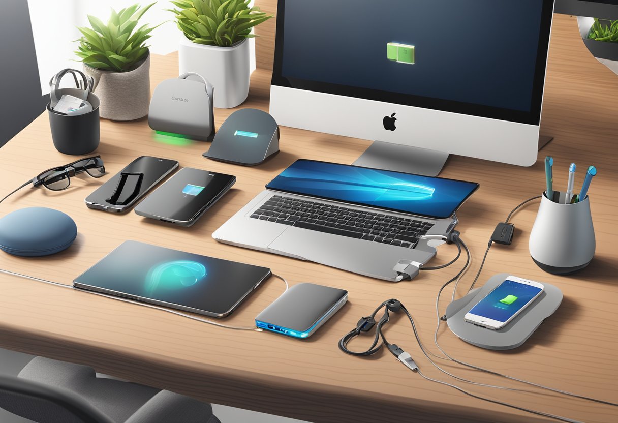 A sleek desk with various tech gadgets and accessories, including a stylish alternative to power banks, displayed as corporate gifts