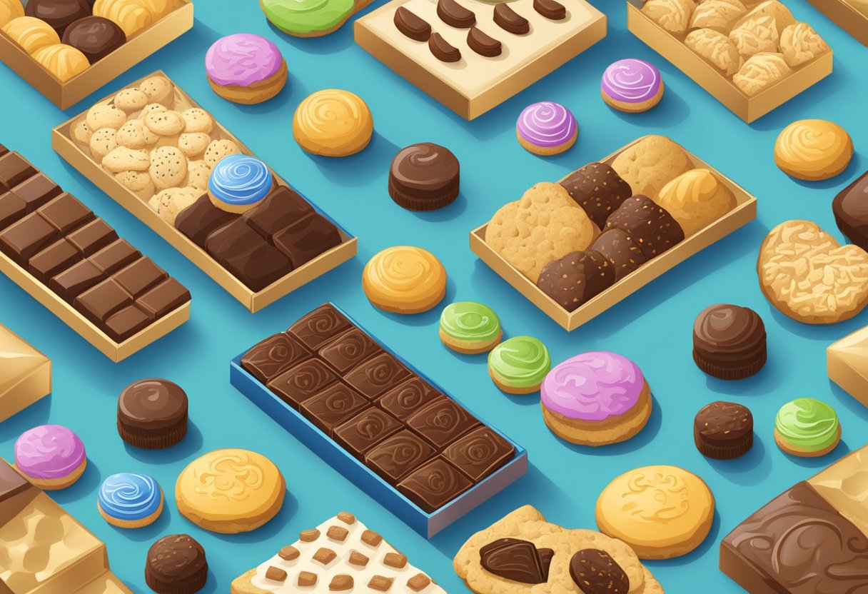 A table displays an assortment of cookies and chocolates, with a sign reading "Frequently Asked Questions" for corporate gifts