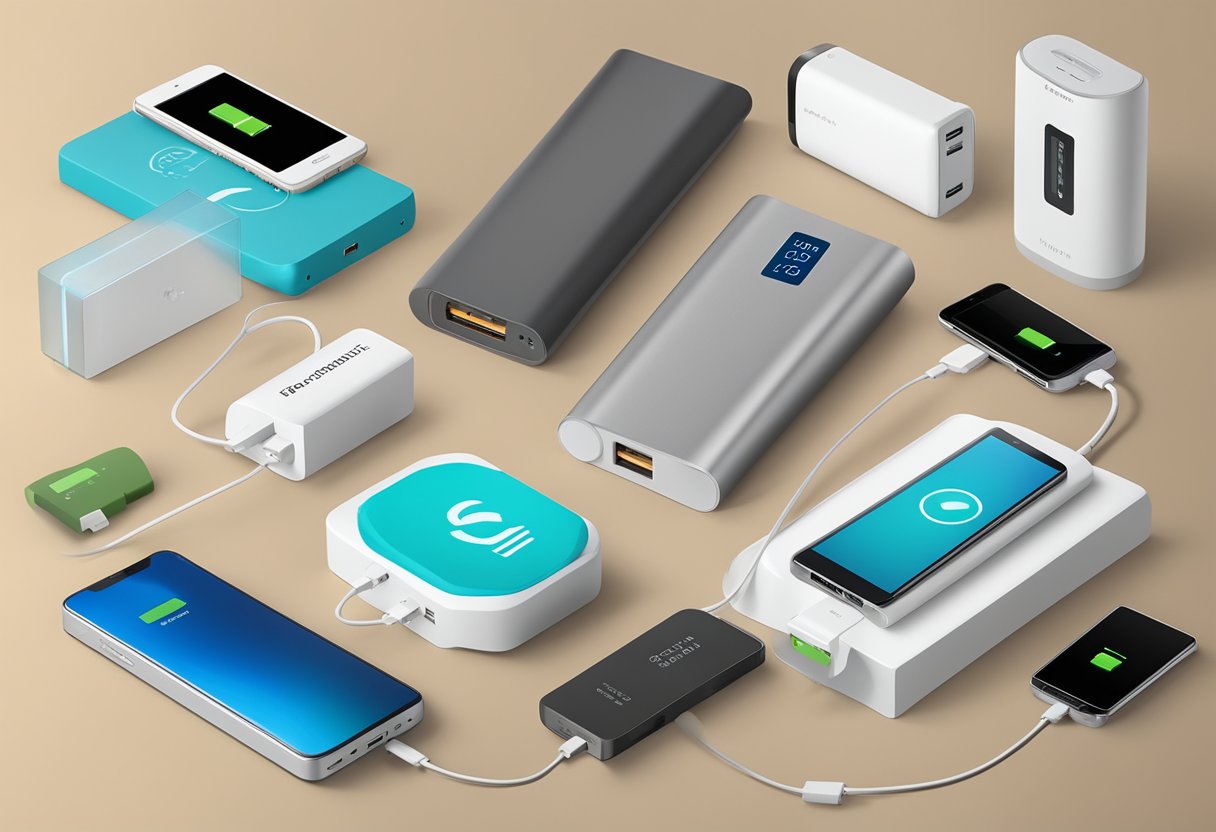 A table with branded power banks, a sign reading "Frequently Asked Questions best powerbank corporate gift," and a display of product features