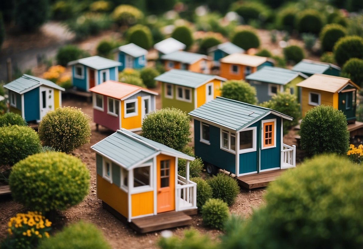 A cluster of colorful tiny homes nestled among trees in a serene community, with communal gardens and shared outdoor spaces
