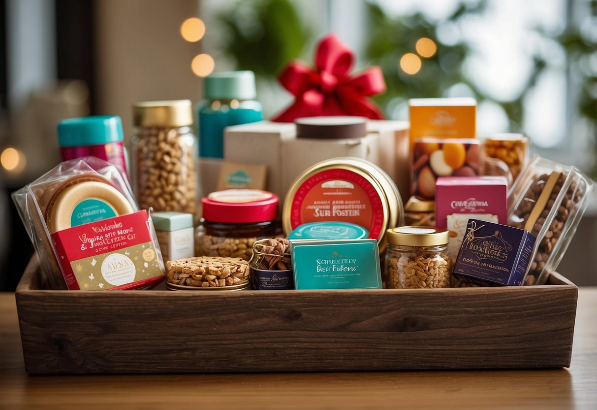 A table filled with assorted gift baskets, labeled "Frequently Asked Questions best corporate gift baskets". Bright and colorful packaging with a variety of products inside