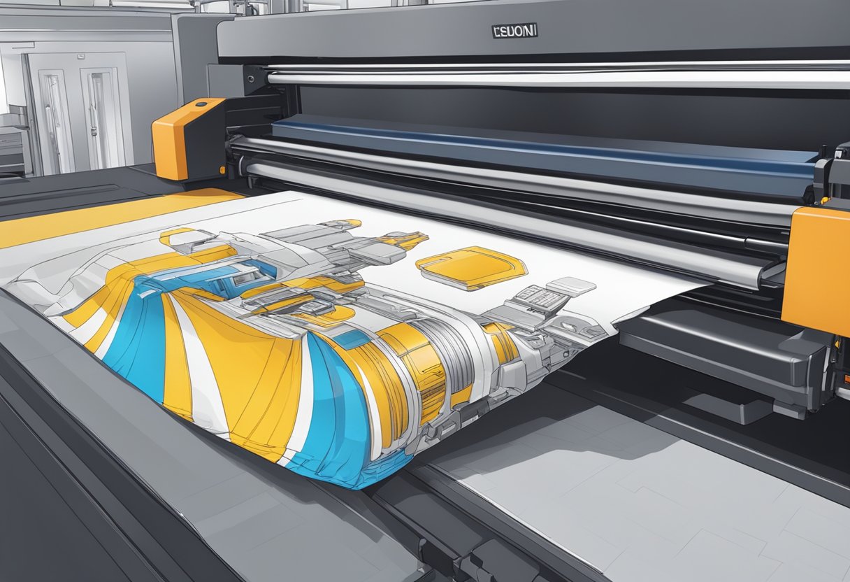 A bag being printed with a custom design on a large industrial printer. Ink cartridges and machinery visible in the background