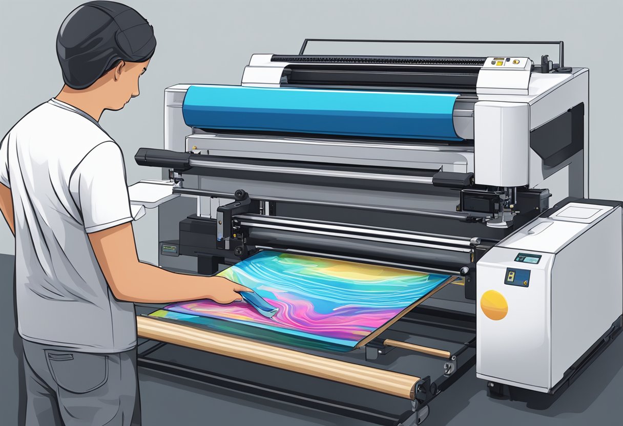A screen printing machine applies ink to a bag with precision, while a digital printer creates intricate designs on another bag