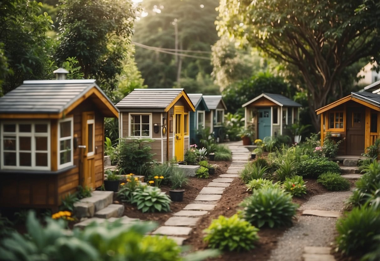 A cluster of tiny homes nestled among lush greenery, with communal spaces and winding pathways, creating a sense of community and connection