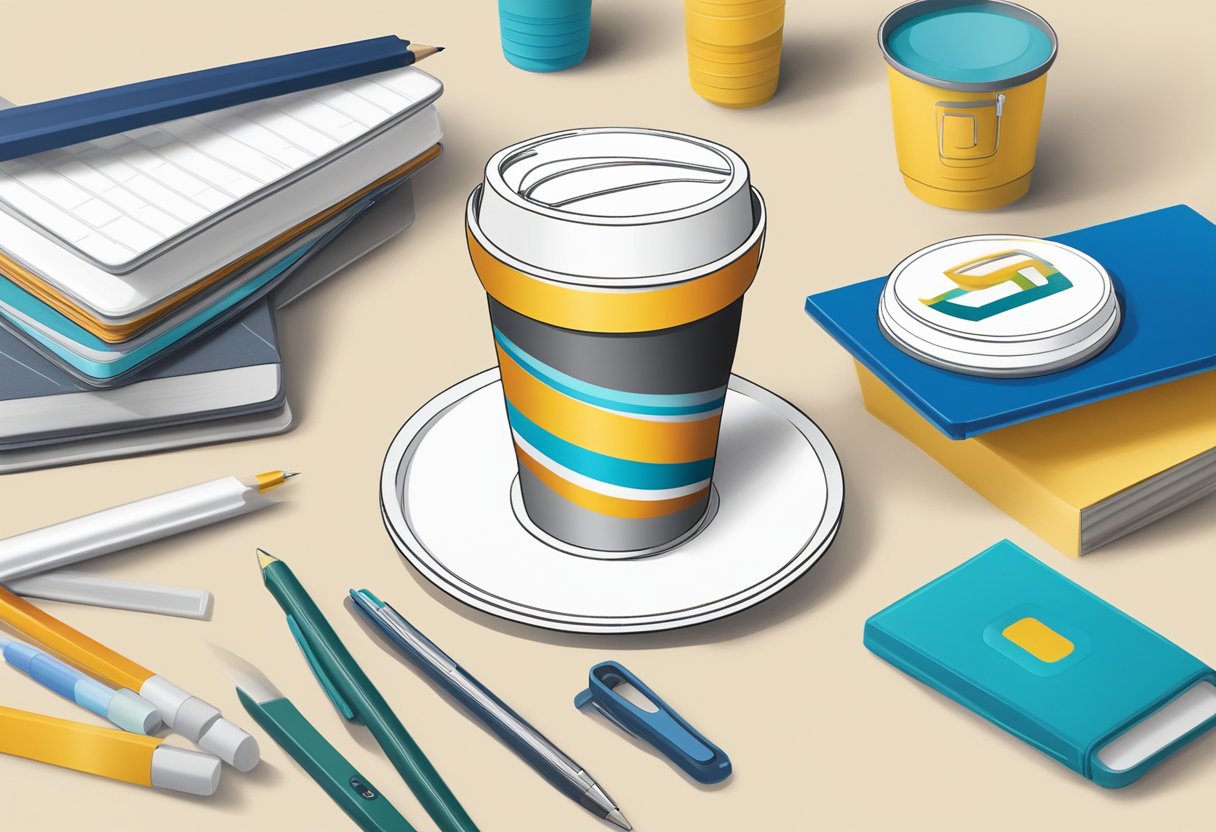 A branded collapsible cup sits on a desk surrounded by corporate gifts and office supplies