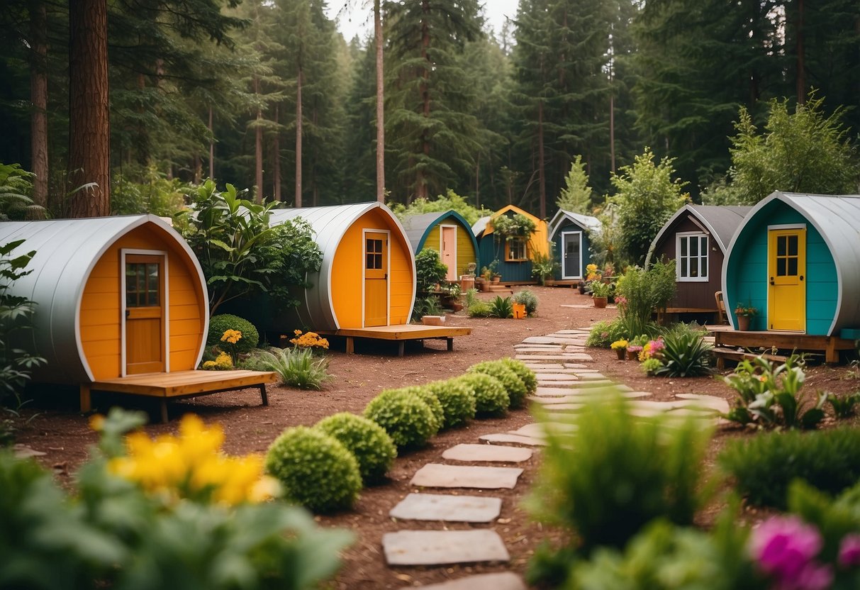 A cluster of colorful tiny homes surrounded by lush greenery and communal gathering spaces in a serene, wooded setting