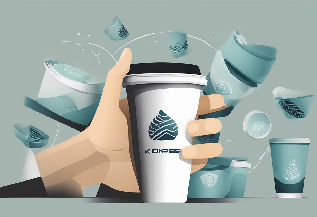 A hand reaches for a collapsible cup with a company logo. Other branded cups surround it, showcasing their portability and eco-friendliness