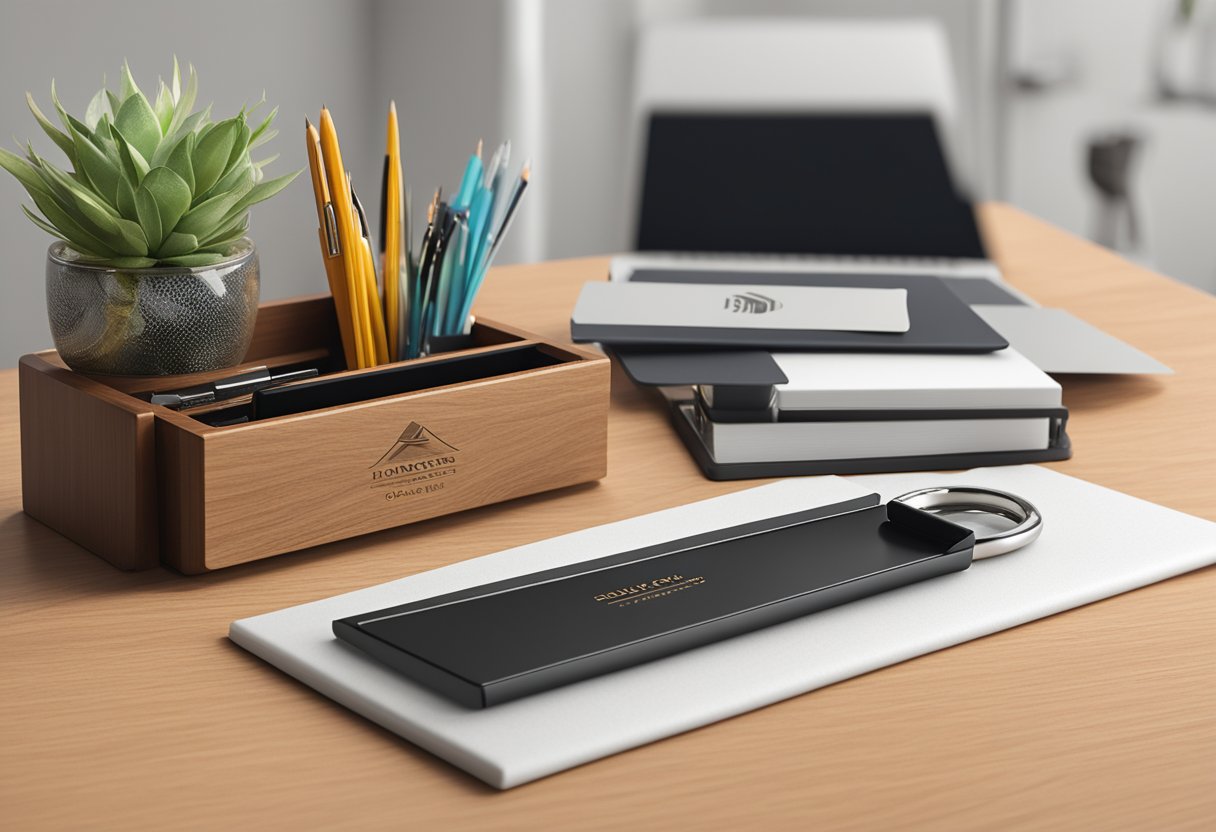 A sleek, modern desk organizer with custom engraving sits on a polished wooden desk, surrounded by luxurious office supplies and a branded gift card