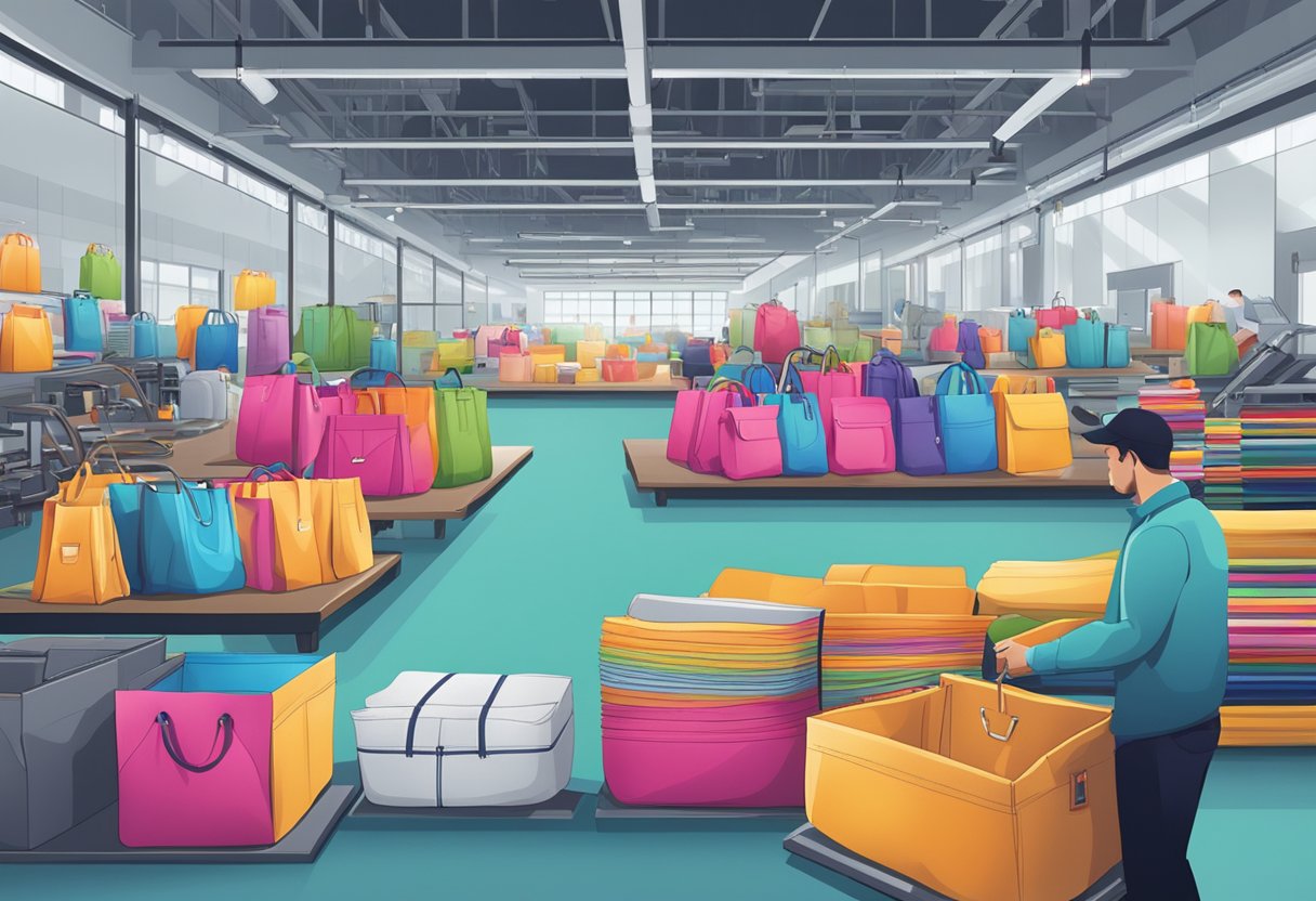 A vibrant array of bag designs being printed with customised logos and patterns in a bustling production facility