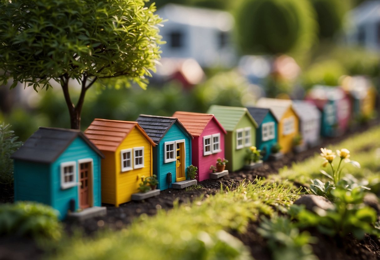 A row of colorful tiny homes nestled in a lush, green landscape with a central community area and people engaging in various activities