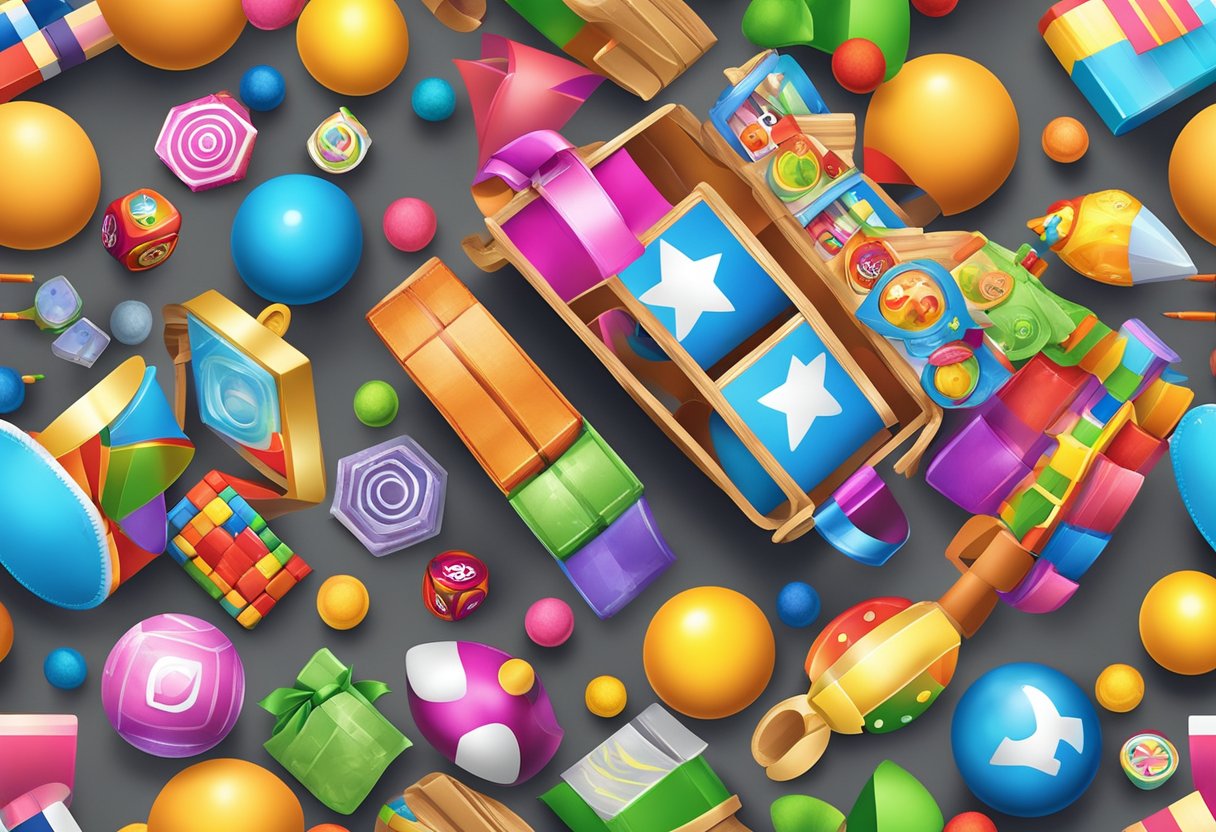 A colorful assortment of toys and games arranged in a gift basket with a corporate logo on the front