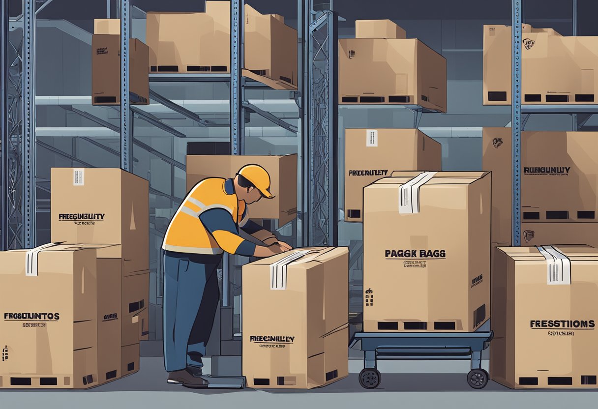 A printer cranks out custom bags with "Frequently Asked Questions" printed on them. The bags are neatly stacked in a warehouse ready for shipping